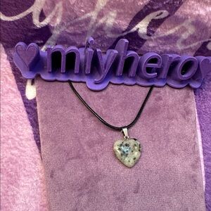 Granite Polished Stone Crystal Heart Pendant with Faux Leather Necklace